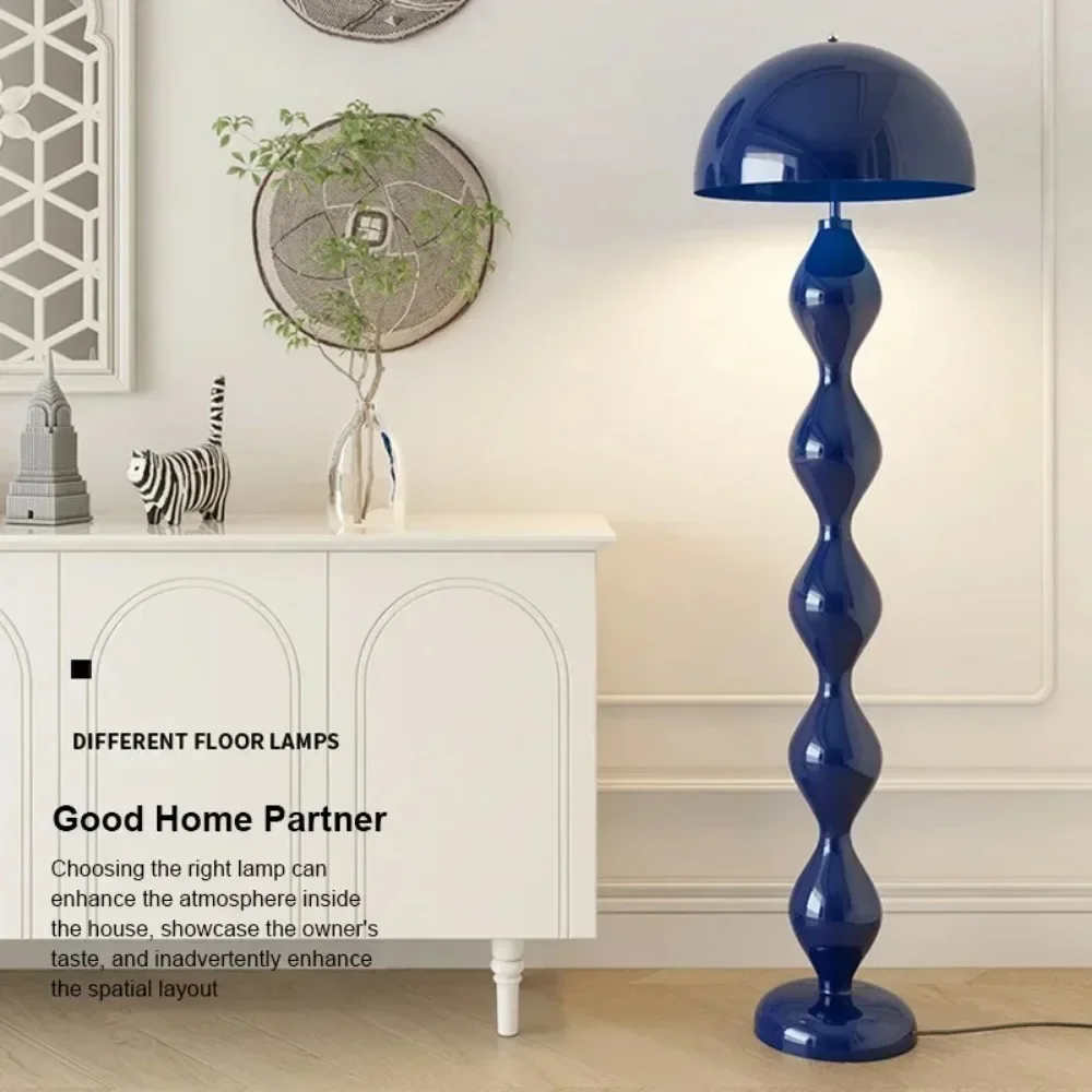 Blue floor lamp in a room with decorative elements and text about choosing the right lamp.