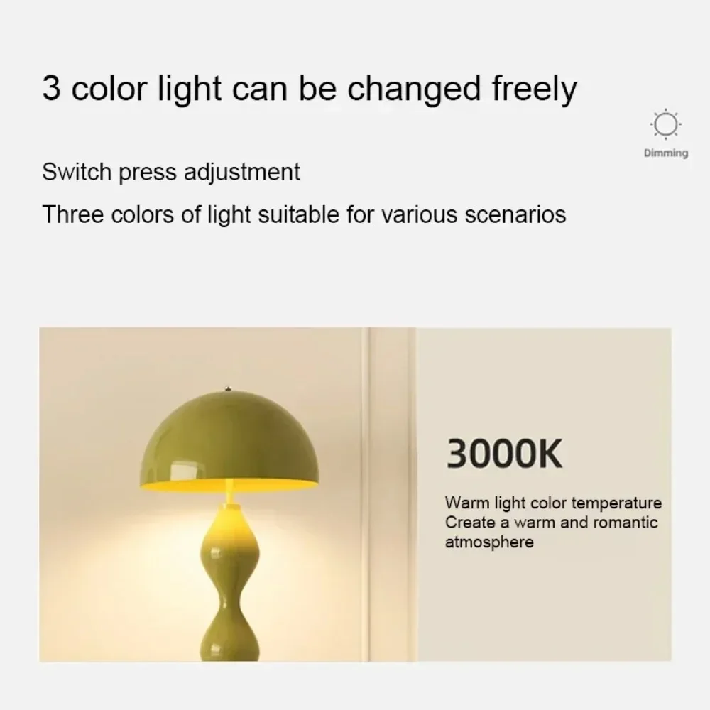 Green lamp with text about adjustable light color temperature on a beige background