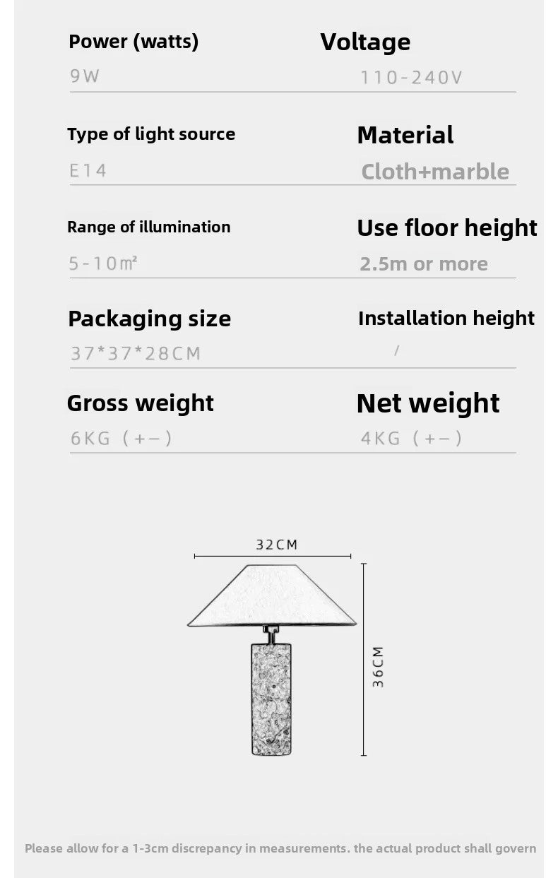 Modern Minimalist LED Table Lamp with Marble Base and White Fabric Shade – Bedroom & Living Room