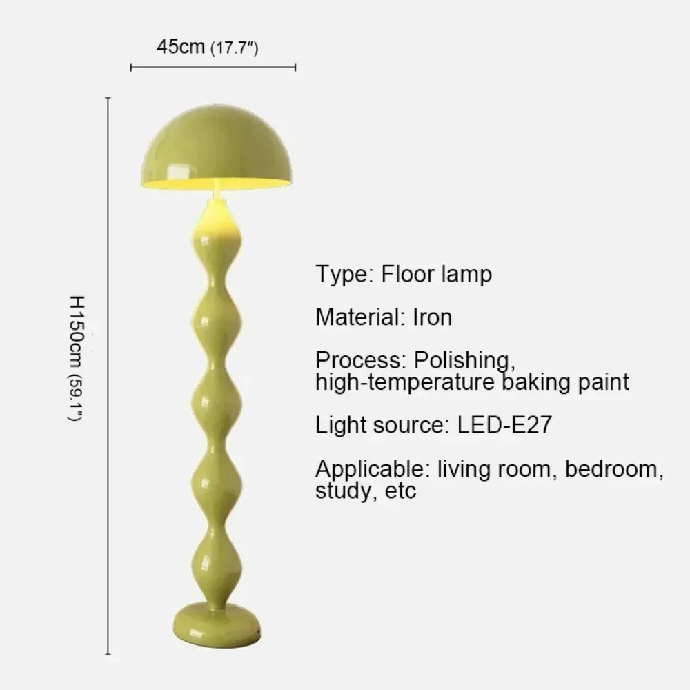 Green floor lamp with dimensions and specifications on a white background