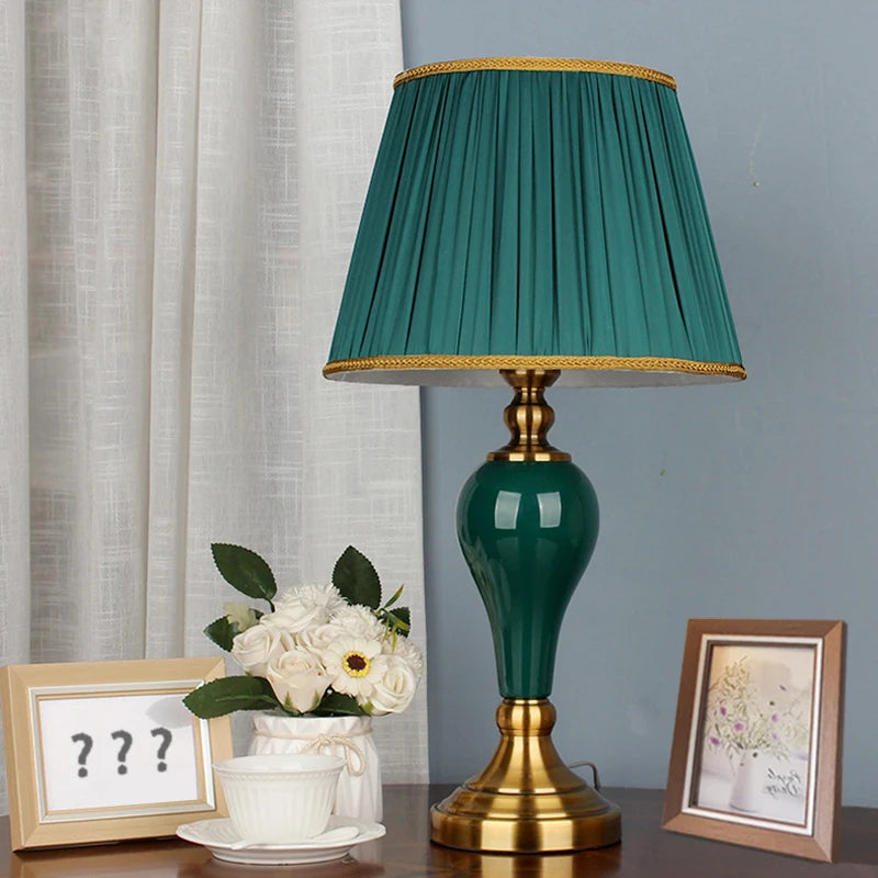 Chinese Style Green Ceramic Table Lamp – Cloth Shade for Living Room, Bedroom & Bedside Decor