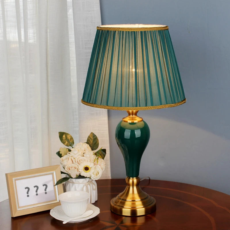 Chinese Style Green Ceramic Table Lamp – Cloth Shade for Living Room, Bedroom & Bedside Decor